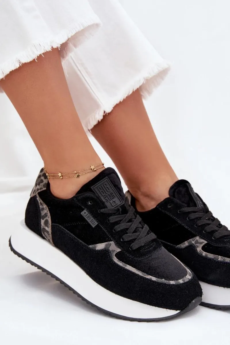 New Big Star Shoes Zamszowe Sneakersy Damskie Big Star OO274A312 HI-POLY SYSTEM Czarne Panterka Czarny