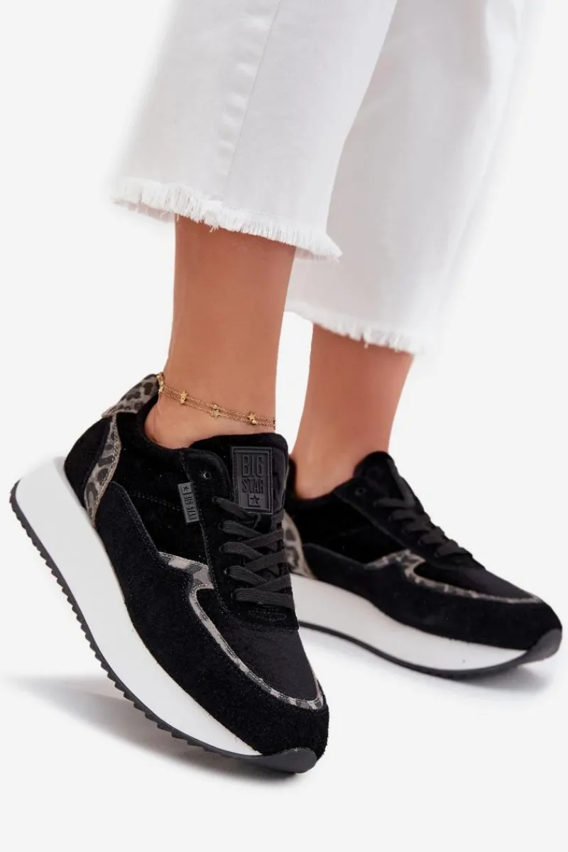 New Big Star Shoes Zamszowe Sneakersy Damskie Big Star OO274A312 HI-POLY SYSTEM Czarne Panterka Czarny