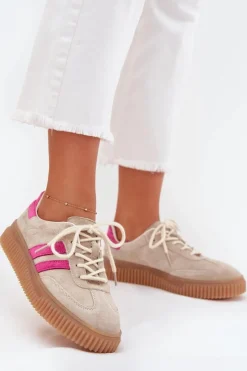 Sneakersy Damskie>Boto Zamszowe Sneakersy Damskie Na Platformie Beżowo-Różowe Cavira