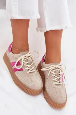 Sneakersy Damskie></noscript>Boto Zamszowe Sneakersy Damskie Na Platformie Beżowo-Różowe Cavira
