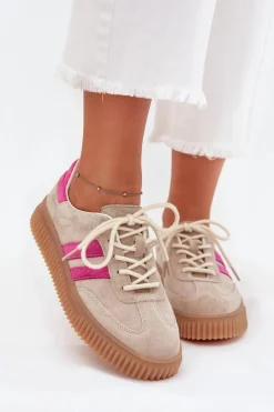 Sneakersy Damskie></noscript>Boto Zamszowe Sneakersy Damskie Na Platformie Beżowo-Różowe Cavira