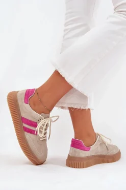 Sneakersy Damskie></noscript>Boto Zamszowe Sneakersy Damskie Na Platformie Beżowo-Różowe Cavira