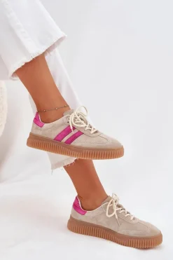 Sneakersy Damskie></noscript>Boto Zamszowe Sneakersy Damskie Na Platformie Beżowo-Różowe Cavira