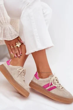 Sneakersy Damskie></noscript>Boto Zamszowe Sneakersy Damskie Na Platformie Beżowo-Różowe Cavira