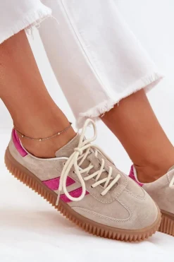 Sneakersy Damskie></noscript>Boto Zamszowe Sneakersy Damskie Na Platformie Beżowo-Różowe Cavira