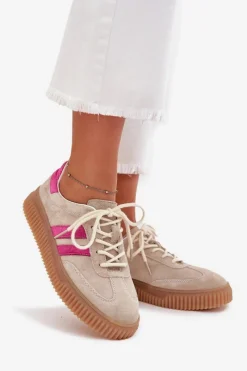 Sneakersy Damskie></noscript>Boto Zamszowe Sneakersy Damskie Na Platformie Beżowo-Różowe Cavira