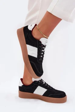 Online Zamszowe Sneakersy Damskie SS2D4021 Czarne Damskie Buty Sportowe Na Platformie|Sneakersy Damskie