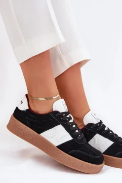 Online Zamszowe Sneakersy Damskie SS2D4021 Czarne Damskie Buty Sportowe Na Platformie|Sneakersy Damskie