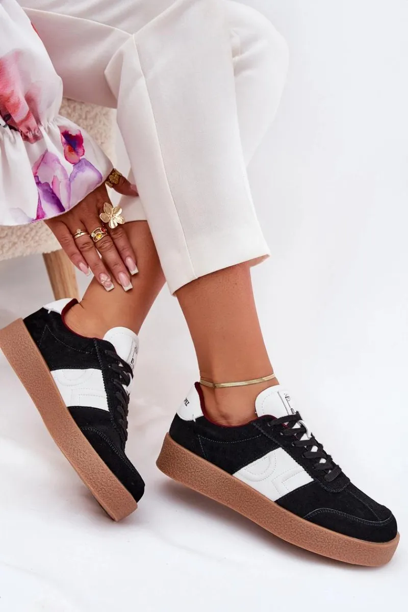 Online Zamszowe Sneakersy Damskie SS2D4021 Czarne Damskie Buty Sportowe Na Platformie|Sneakersy Damskie