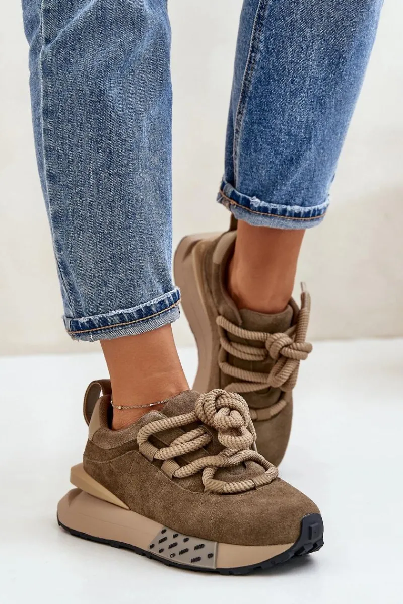 Hot Zamszowe Sneakersy Damskie Na Platformie Z Grubym Sznurowaniem Artiker 54C1466 Jasnobrązowe Damskie Buty Sportowe Na Platformie