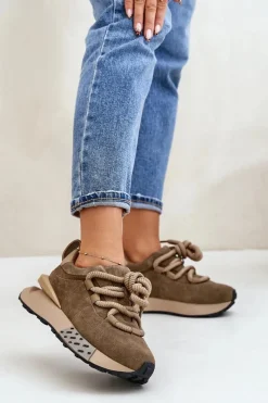 Hot Zamszowe Sneakersy Damskie Na Platformie Z Grubym Sznurowaniem Artiker 54C1466 Jasnobrązowe Damskie Buty Sportowe Na Platformie