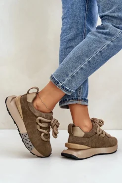 Hot Zamszowe Sneakersy Damskie Na Platformie Z Grubym Sznurowaniem Artiker 54C1466 Jasnobrązowe Damskie Buty Sportowe Na Platformie