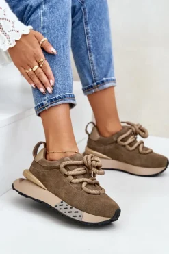 Hot Zamszowe Sneakersy Damskie Na Platformie Z Grubym Sznurowaniem Artiker 54C1466 Jasnobrązowe Damskie Buty Sportowe Na Platformie