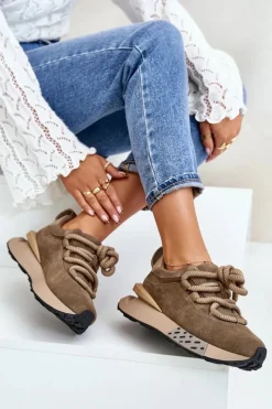 Hot Zamszowe Sneakersy Damskie Na Platformie Z Grubym Sznurowaniem Artiker 54C1466 Jasnobrązowe Damskie Buty Sportowe Na Platformie