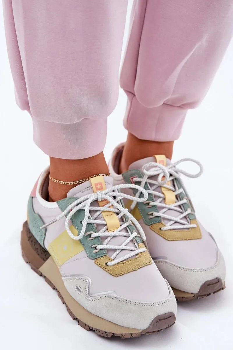 Buty Sportowe Big Star|Sneakersy Damskie>Big Star Shoes Zamszowe Sneakersy Damskie Big Star RR274244 HI-POLY SYSTEM Szaro-Żółte