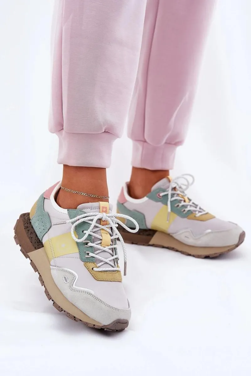 Buty Sportowe Big Star|Sneakersy Damskie>Big Star Shoes Zamszowe Sneakersy Damskie Big Star RR274244 HI-POLY SYSTEM Szaro-Żółte