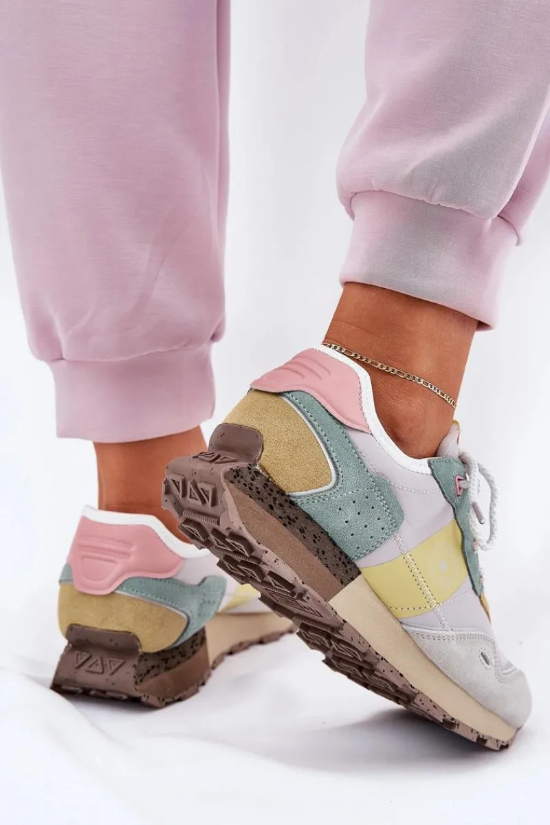 Buty Sportowe Big Star|Sneakersy Damskie>Big Star Shoes Zamszowe Sneakersy Damskie Big Star RR274244 HI-POLY SYSTEM Szaro-Żółte