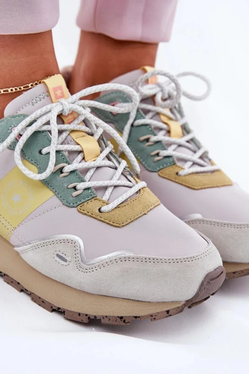 Buty Sportowe Big Star|Sneakersy Damskie>Big Star Shoes Zamszowe Sneakersy Damskie Big Star RR274244 HI-POLY SYSTEM Szaro-Żółte