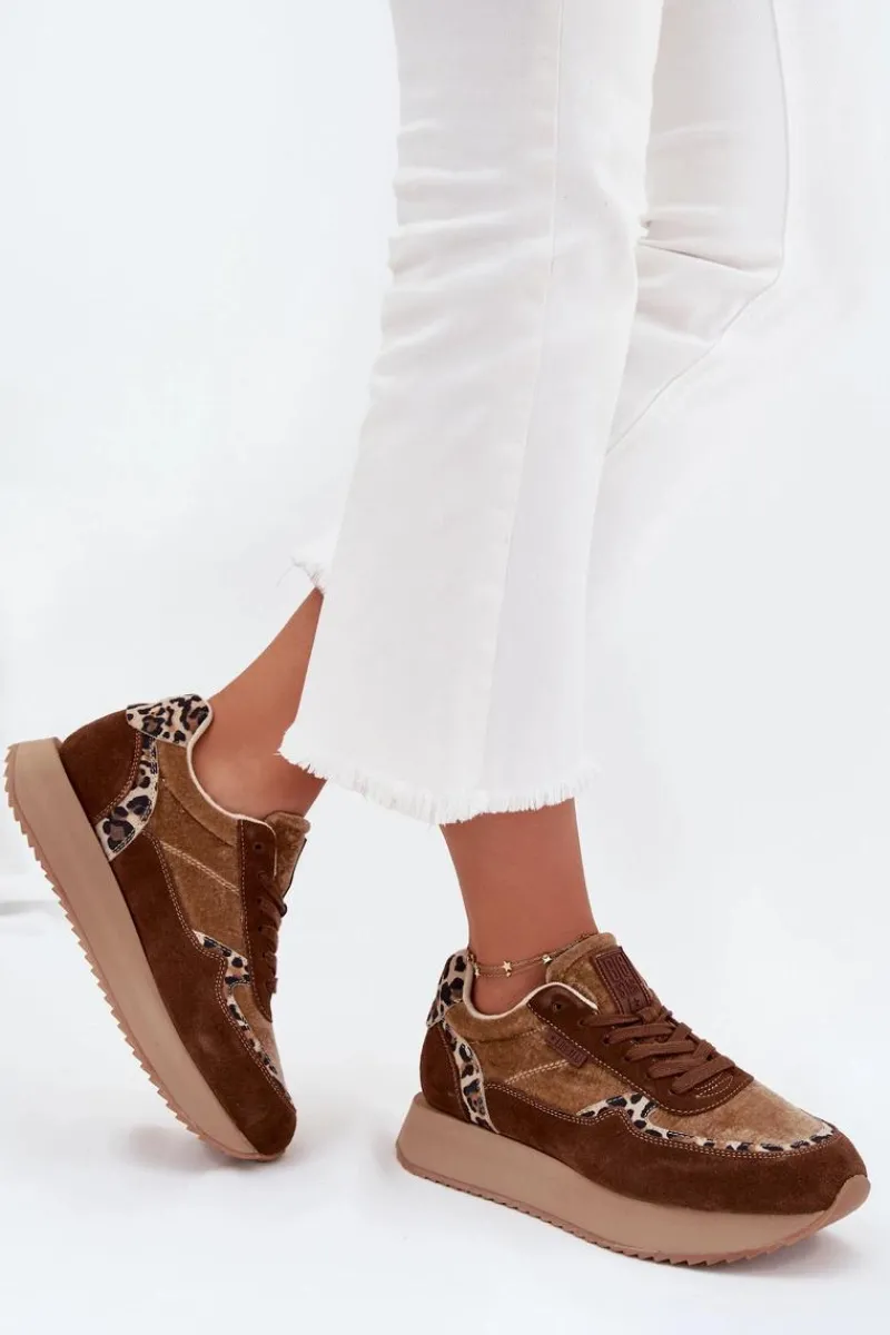 Zamszowe Sneakersy Damskie Big Star OO274A313 HI-POLY SYSTEM Brązowe Panterka Damskie Buty Sportowe Big Star|Sneakersy Damskie