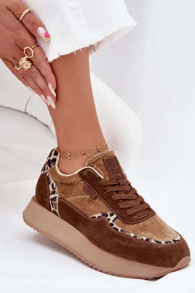 Zamszowe Sneakersy Damskie Big Star OO274A313 HI-POLY SYSTEM Brązowe Panterka Damskie Buty Sportowe Big Star|Sneakersy Damskie
