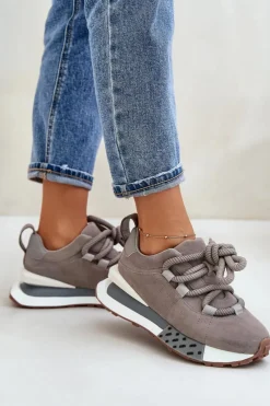 Buty Sportowe Na Platformie></noscript>Boto Zamszowe Sneakersy Damskie Na Platformie Z Grubym Sznurowaniem Artiker 54C1463 Szare Szary
