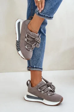 Buty Sportowe Na Platformie></noscript>Boto Zamszowe Sneakersy Damskie Na Platformie Z Grubym Sznurowaniem Artiker 54C1463 Szare Szary