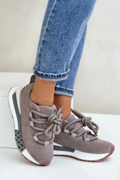 Buty Sportowe Na Platformie></noscript>Boto Zamszowe Sneakersy Damskie Na Platformie Z Grubym Sznurowaniem Artiker 54C1463 Szare Szary