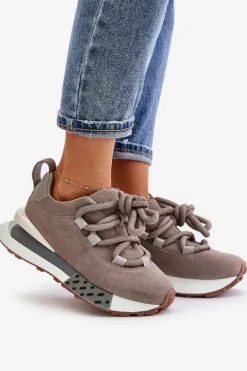 Buty Sportowe Na Platformie></noscript>Boto Zamszowe Sneakersy Damskie Na Platformie Z Grubym Sznurowaniem Artiker 54C1463 Szare Szary
