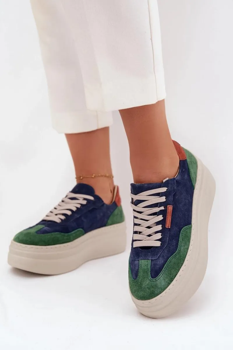Outlet Zazoo Zamszowe Sneakersy Damskie Na Platformie N1269S3 Zielono-Granatowe Niebieski