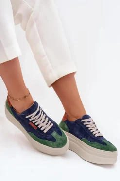 Outlet Zazoo Zamszowe Sneakersy Damskie Na Platformie N1269S3 Zielono-Granatowe Niebieski