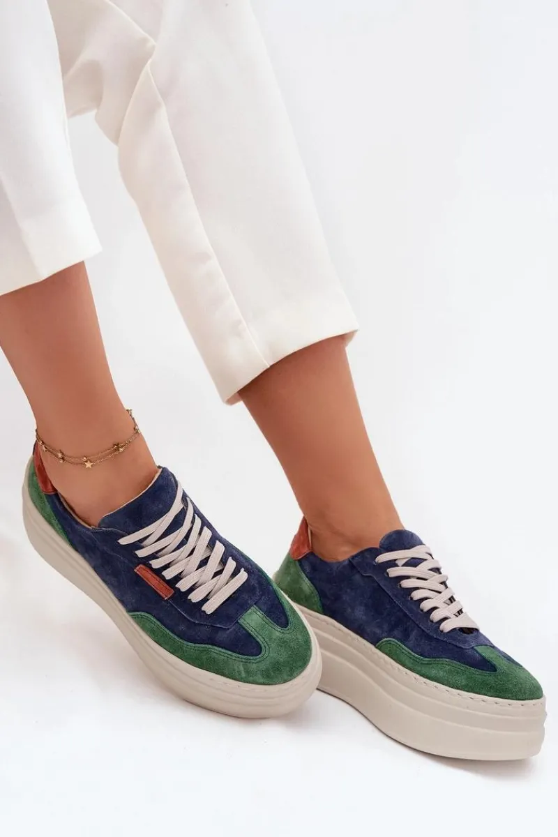 Outlet Zazoo Zamszowe Sneakersy Damskie Na Platformie N1269S3 Zielono-Granatowe Niebieski