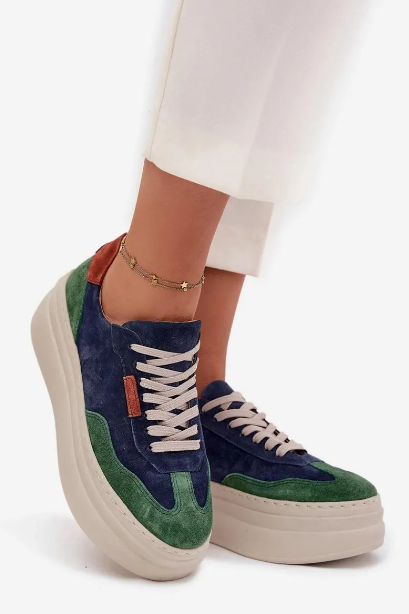 Outlet Zazoo Zamszowe Sneakersy Damskie Na Platformie N1269S3 Zielono-Granatowe Niebieski