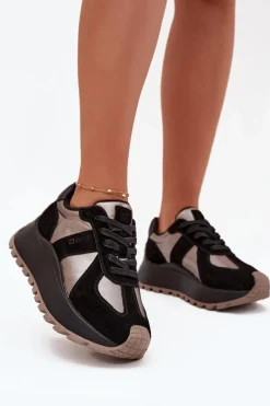 Clearance Big Star Shoes Zamszowe Sneakersy Damskie Ocieplane Na Platformie Big Star OO274A217 HI-POLY SYSTEM Czarne Czarny