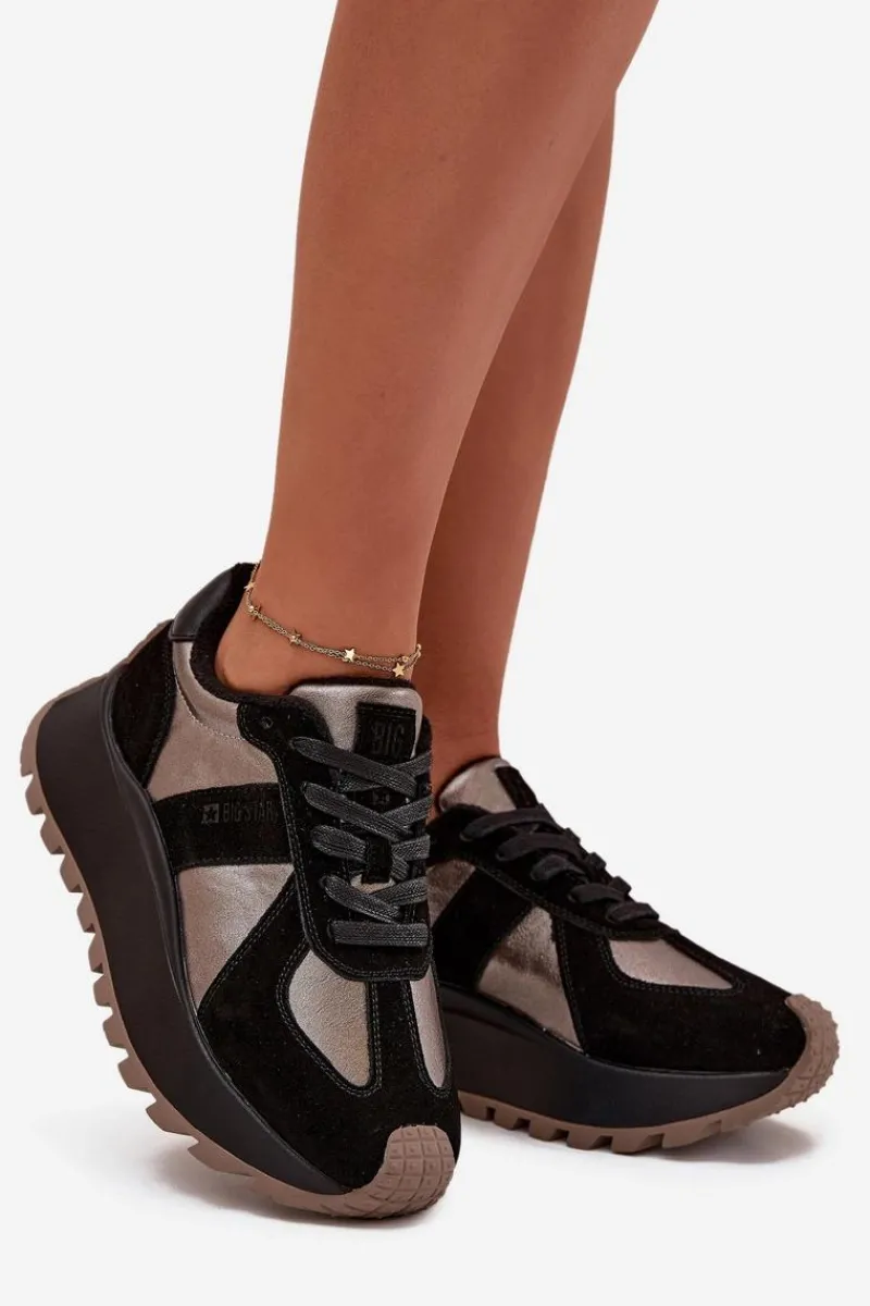 Clearance Big Star Shoes Zamszowe Sneakersy Damskie Ocieplane Na Platformie Big Star OO274A217 HI-POLY SYSTEM Czarne Czarny