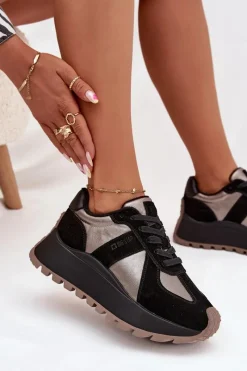 Clearance Big Star Shoes Zamszowe Sneakersy Damskie Ocieplane Na Platformie Big Star OO274A217 HI-POLY SYSTEM Czarne Czarny