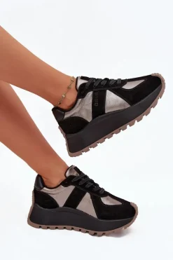 Clearance Big Star Shoes Zamszowe Sneakersy Damskie Ocieplane Na Platformie Big Star OO274A217 HI-POLY SYSTEM Czarne Czarny