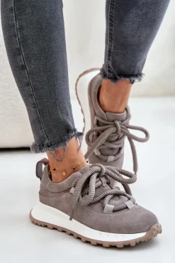 Artiker Zamszowe Sneakersy Damskie Z Grubym Sznurowaniem 54C1465 Szare Szary