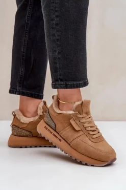 Discount Zamszowe Sneakersy Damskie Z Futerkiem I Błyszczącym Elementem Big Star OO274578 Hi-Poly System Camel Damskie Buty Sportowe Big Star|Sneakersy Damskie