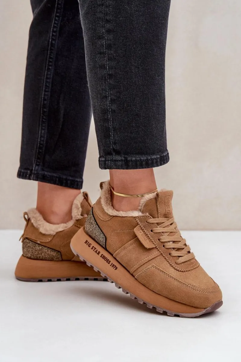 Discount Zamszowe Sneakersy Damskie Z Futerkiem I Błyszczącym Elementem Big Star OO274578 Hi-Poly System Camel Damskie Buty Sportowe Big Star|Sneakersy Damskie