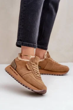 Discount Zamszowe Sneakersy Damskie Z Futerkiem I Błyszczącym Elementem Big Star OO274578 Hi-Poly System Camel Damskie Buty Sportowe Big Star|Sneakersy Damskie