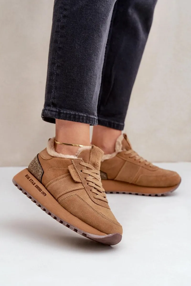 Discount Zamszowe Sneakersy Damskie Z Futerkiem I Błyszczącym Elementem Big Star OO274578 Hi-Poly System Camel Damskie Buty Sportowe Big Star|Sneakersy Damskie