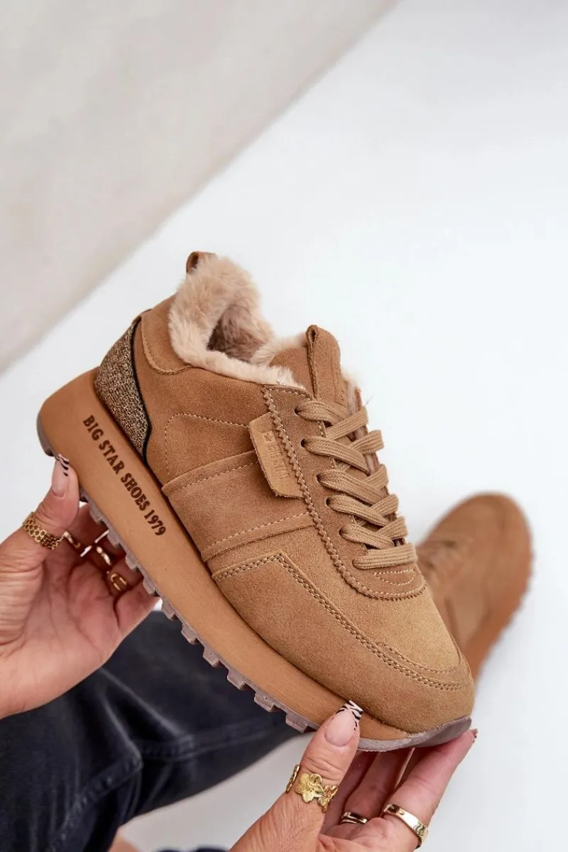 Discount Zamszowe Sneakersy Damskie Z Futerkiem I Błyszczącym Elementem Big Star OO274578 Hi-Poly System Camel Damskie Buty Sportowe Big Star|Sneakersy Damskie
