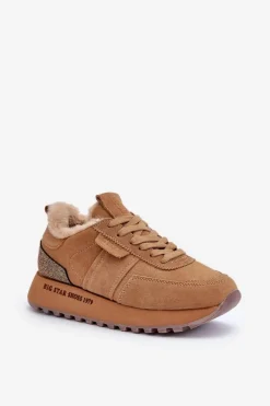 Discount Zamszowe Sneakersy Damskie Z Futerkiem I Błyszczącym Elementem Big Star OO274578 Hi-Poly System Camel Damskie Buty Sportowe Big Star|Sneakersy Damskie