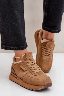 Discount Zamszowe Sneakersy Damskie Z Futerkiem I Błyszczącym Elementem Big Star OO274578 Hi-Poly System Camel Damskie Buty Sportowe Big Star|Sneakersy Damskie
