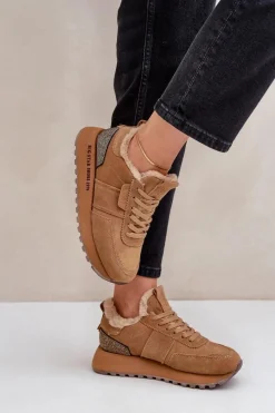 Discount Zamszowe Sneakersy Damskie Z Futerkiem I Błyszczącym Elementem Big Star OO274578 Hi-Poly System Camel Damskie Buty Sportowe Big Star|Sneakersy Damskie