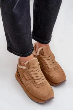 Discount Zamszowe Sneakersy Damskie Z Futerkiem I Błyszczącym Elementem Big Star OO274578 Hi-Poly System Camel Damskie Buty Sportowe Big Star|Sneakersy Damskie