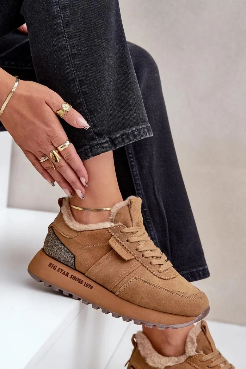 Discount Zamszowe Sneakersy Damskie Z Futerkiem I Błyszczącym Elementem Big Star OO274578 Hi-Poly System Camel Damskie Buty Sportowe Big Star|Sneakersy Damskie