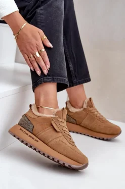 Discount Zamszowe Sneakersy Damskie Z Futerkiem I Błyszczącym Elementem Big Star OO274578 Hi-Poly System Camel Damskie Buty Sportowe Big Star|Sneakersy Damskie