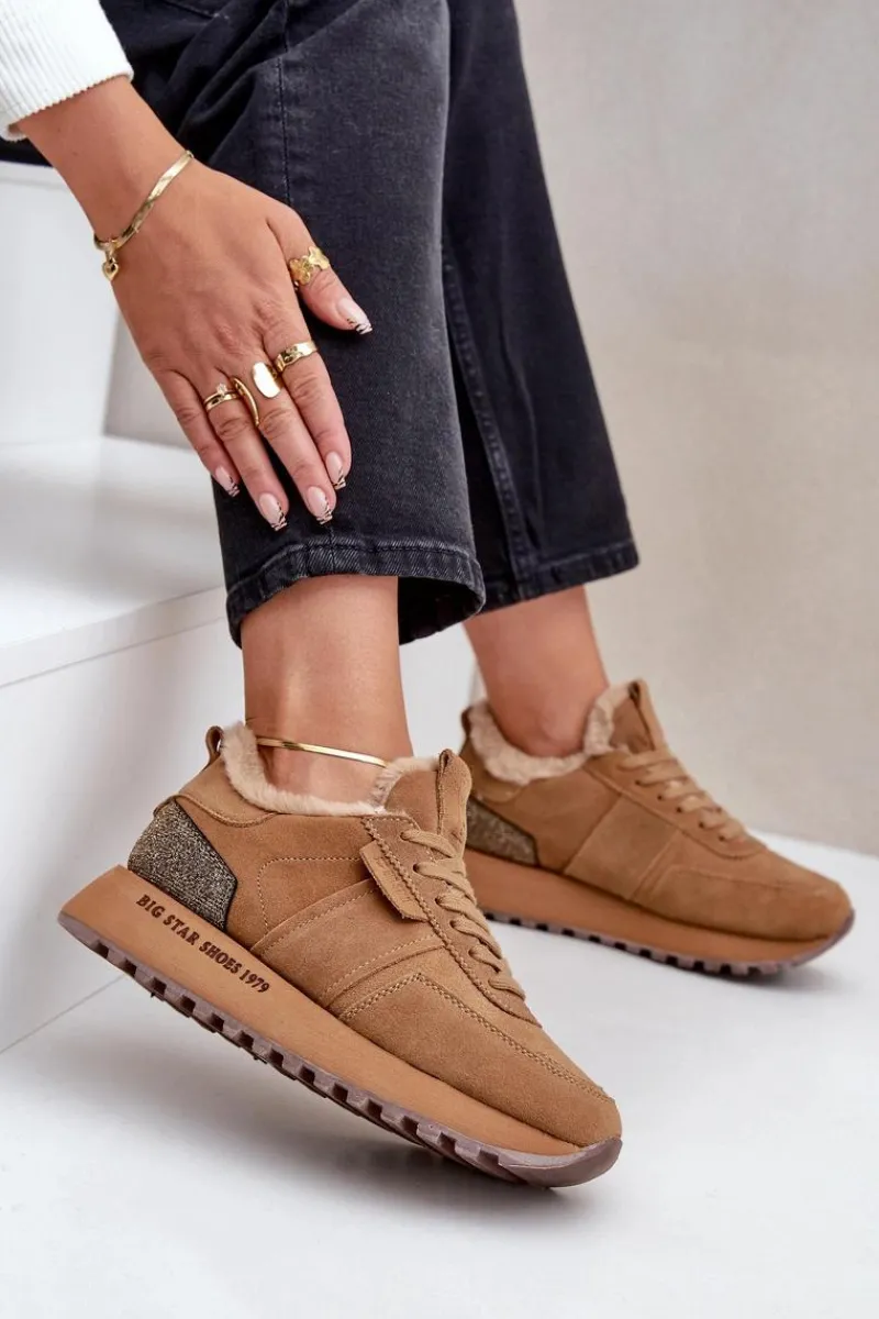 Discount Zamszowe Sneakersy Damskie Z Futerkiem I Błyszczącym Elementem Big Star OO274578 Hi-Poly System Camel Damskie Buty Sportowe Big Star|Sneakersy Damskie
