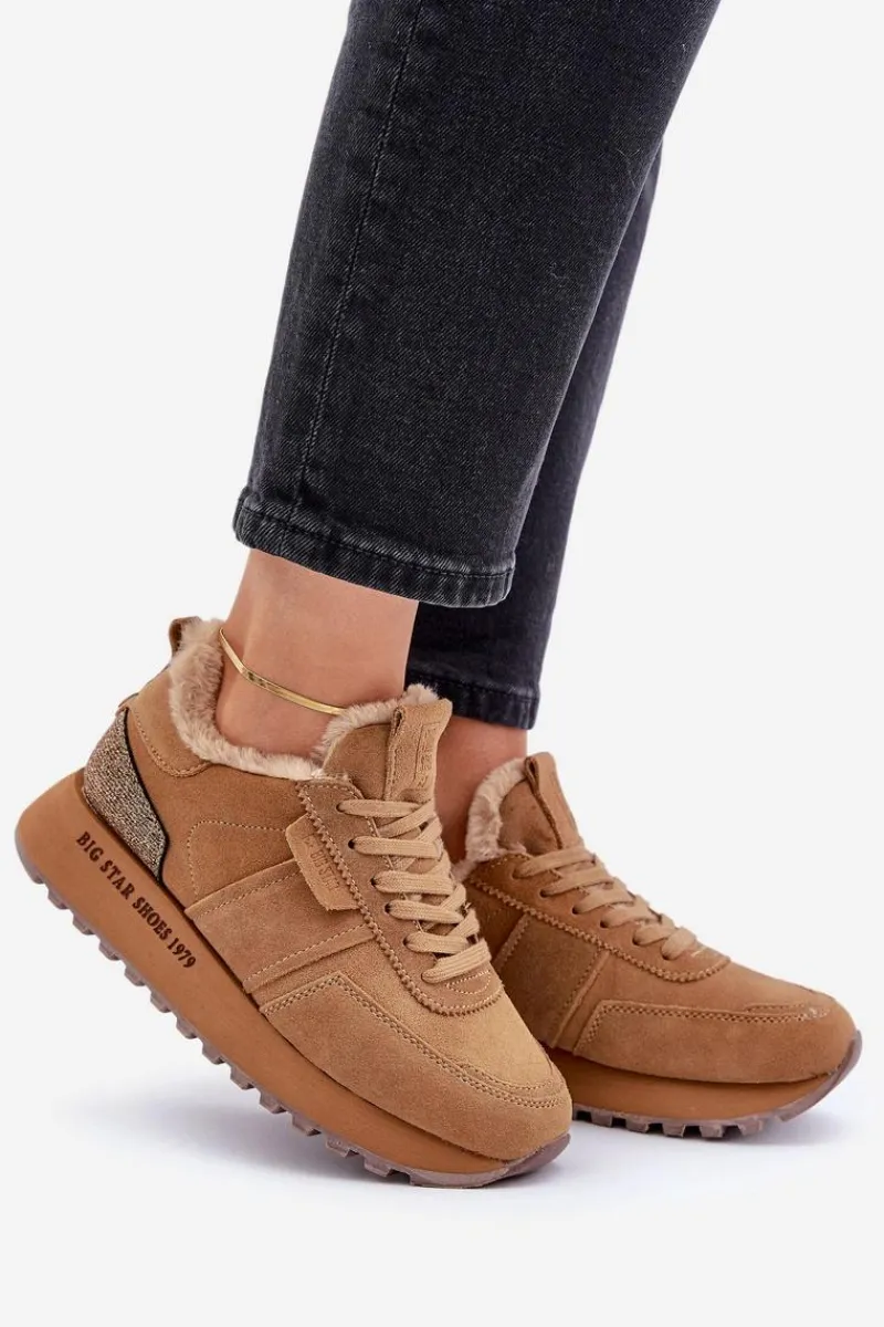 Discount Zamszowe Sneakersy Damskie Z Futerkiem I Błyszczącym Elementem Big Star OO274578 Hi-Poly System Camel Damskie Buty Sportowe Big Star|Sneakersy Damskie